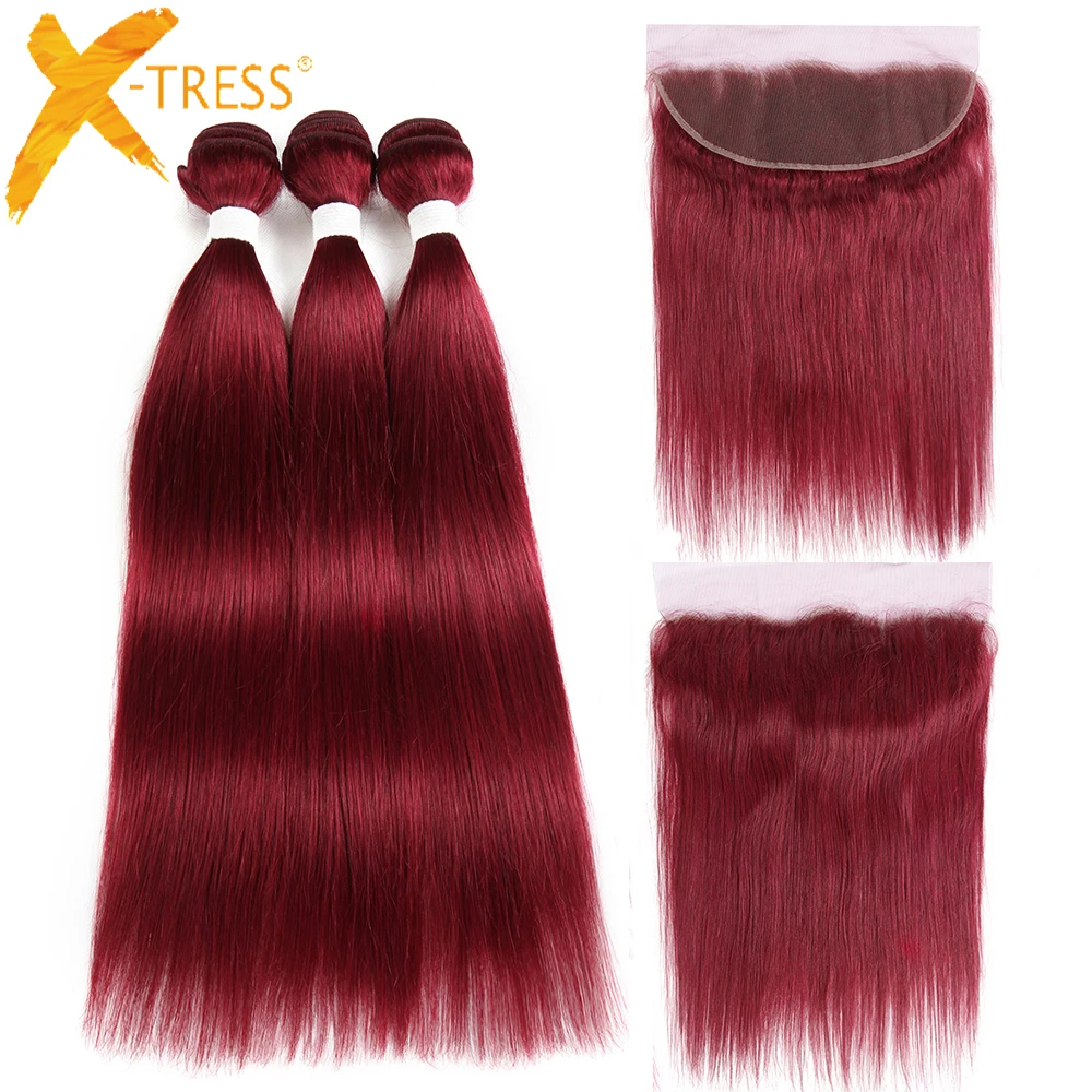 Burgundy Red Color Lace Frontal With Human Hair Bundle X-TRESS Brazilian Straight Non-Remy Hair Weaves 2/3 Bundles With Frontal