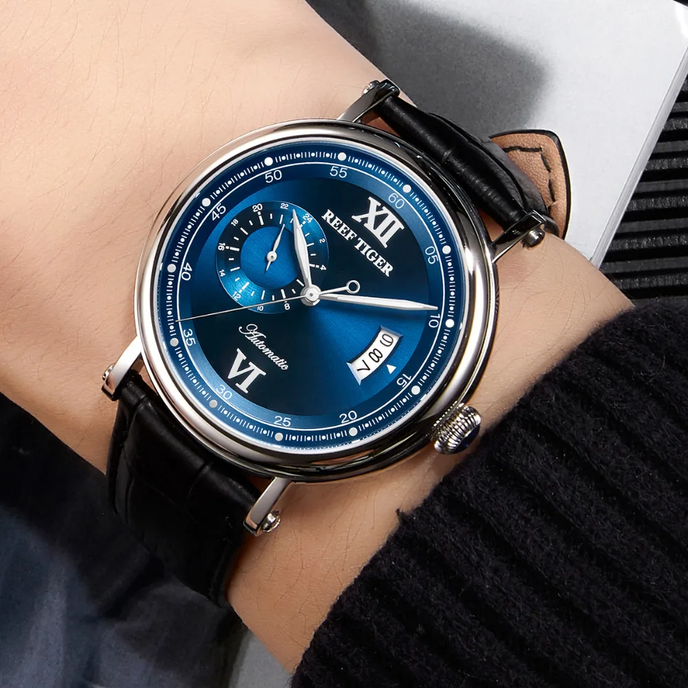  2019 Reef Tiger/RT Luxury Business Watch for Men Blue Leather Strap Fashion Mechanical Watches Big 