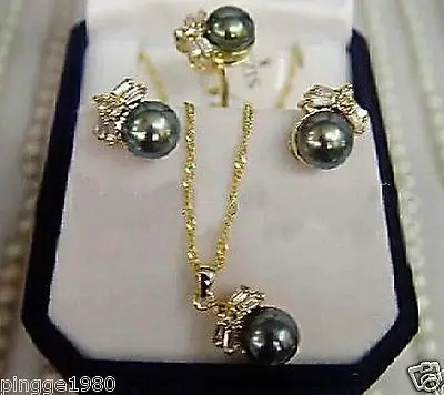 

FREE SHIPPING2015 CHARMING Black Pearl Earring Ring & Necklace Set (A0423)