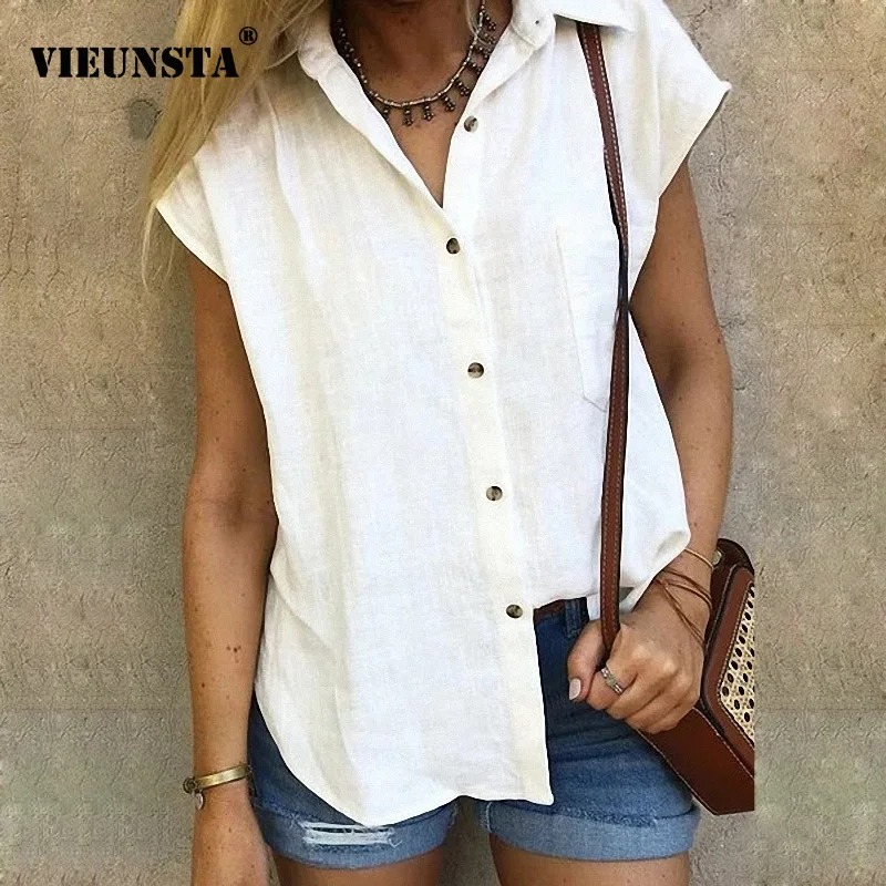 

VIEUNSTA Casual Loose Women Shirts 2019 Cotton Summer Turn-down Collar Buttons Blouse Female Short Sleeve Streetwear Tops Blusas