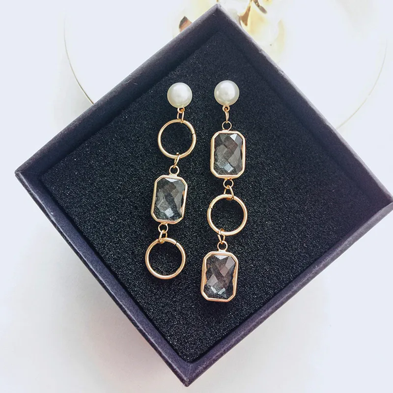 

New Asymmetry Square White Crystal Geometric Round Circle Long Drop Earrings for Women Fashion Girl Pearl Earring Jewelry 5A1010