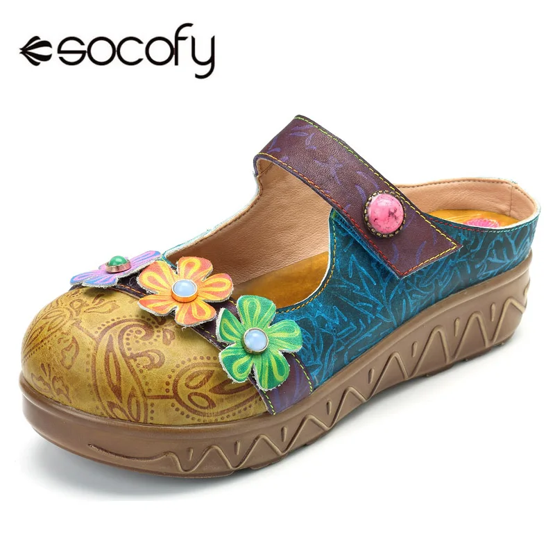 

Socofy Bohemian Platform Shoes Woman Genuine Leather Women Shoes Vintage Flower Printed Slip-on Flat Heels Summer Casual Flats