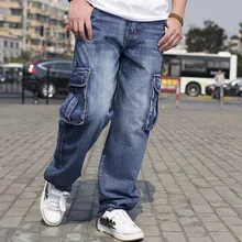 Blue Acid Wash Men Cargo Jeans Pants Multi Pocket Hip Hop Designer Baggy Jeans Mens Loose Fit Casual Trousers Cotton Size 44 46