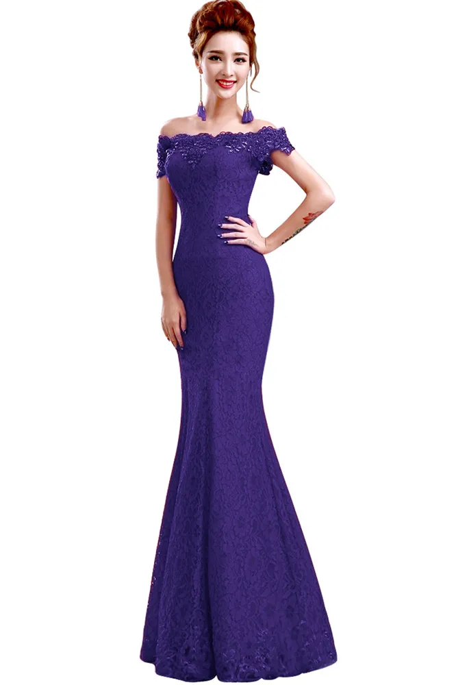 Темно-синие кружевные длинные платья русалки для матери невесты Вечерние платья с бисером и открытыми плечами для гостей на свадьбе - Цвет: Purple