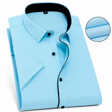 Летняя Новинка, модные деловые мужские рубашки с коротким рукавом и воротником, однотонные элегантные мужские деловые рубашки голубого цвета