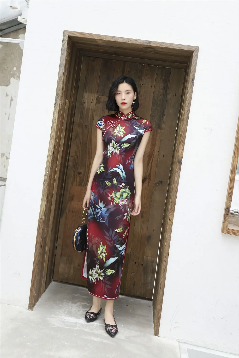 Шанхай история Листья печати Qipao платья Длинные китайские традиционные платья Cheongsam для женщин