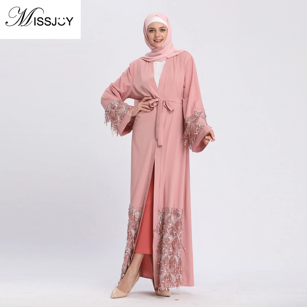 

MISSJOY Women 2019 abaya Muslim Sequin Dress Long Sleeve V Neck Cardigan Dubai Islam Middle East Robe Long Maxi Dress