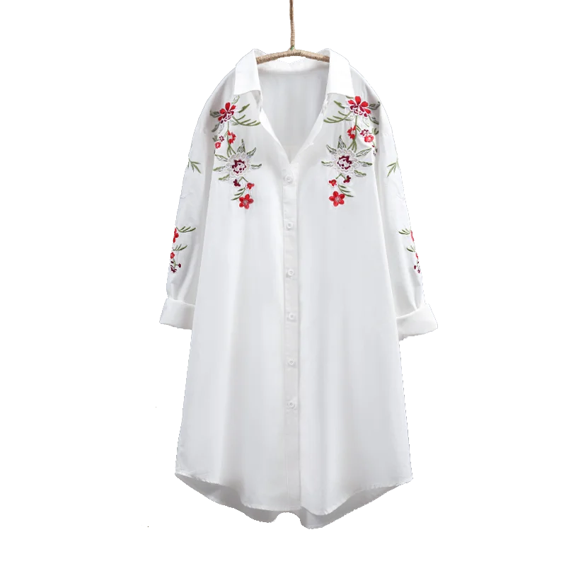 2019 الخريف الشتاء جديد زهرة التطريز المرأة بلوزة مكتب سيدة فضفاض عارضة قمصان بيضاء أبلى قمم