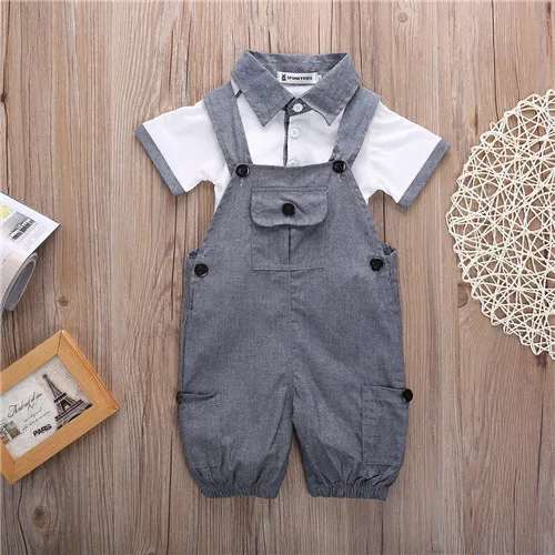 

Toddler Kids Boys 2PCs Clothes Short Sleeve Shirt Tops Rompers Overalls Summer Cotton Infant Boy Outfits Set