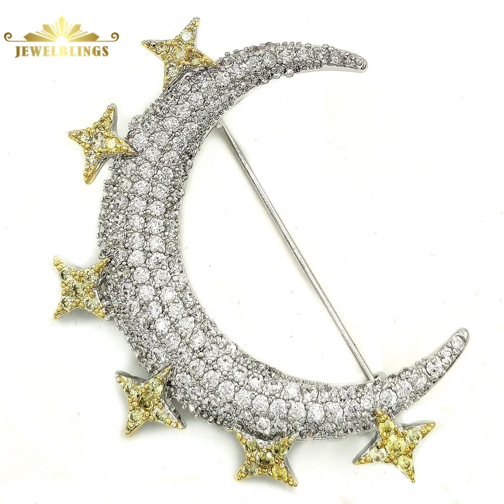 

Victorian Vintage Small Golden Stars Deco Crescent Moon Brooches Silver Tone Micro Pave Clear CZ Moon Star Pins Planet Jewelry
