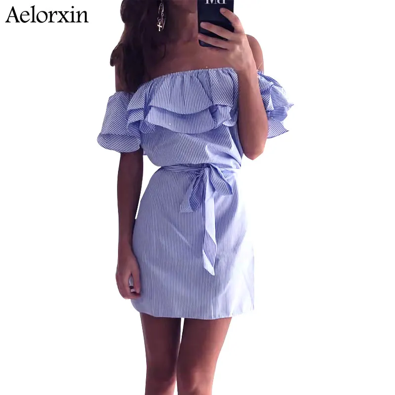 

Aelorxin 2019 Women Off Shoulder Ruffle Summer Dress Stripe Sexy Mini Female Bodycon Dress with Sashes Vestidos Jurken Plus Size