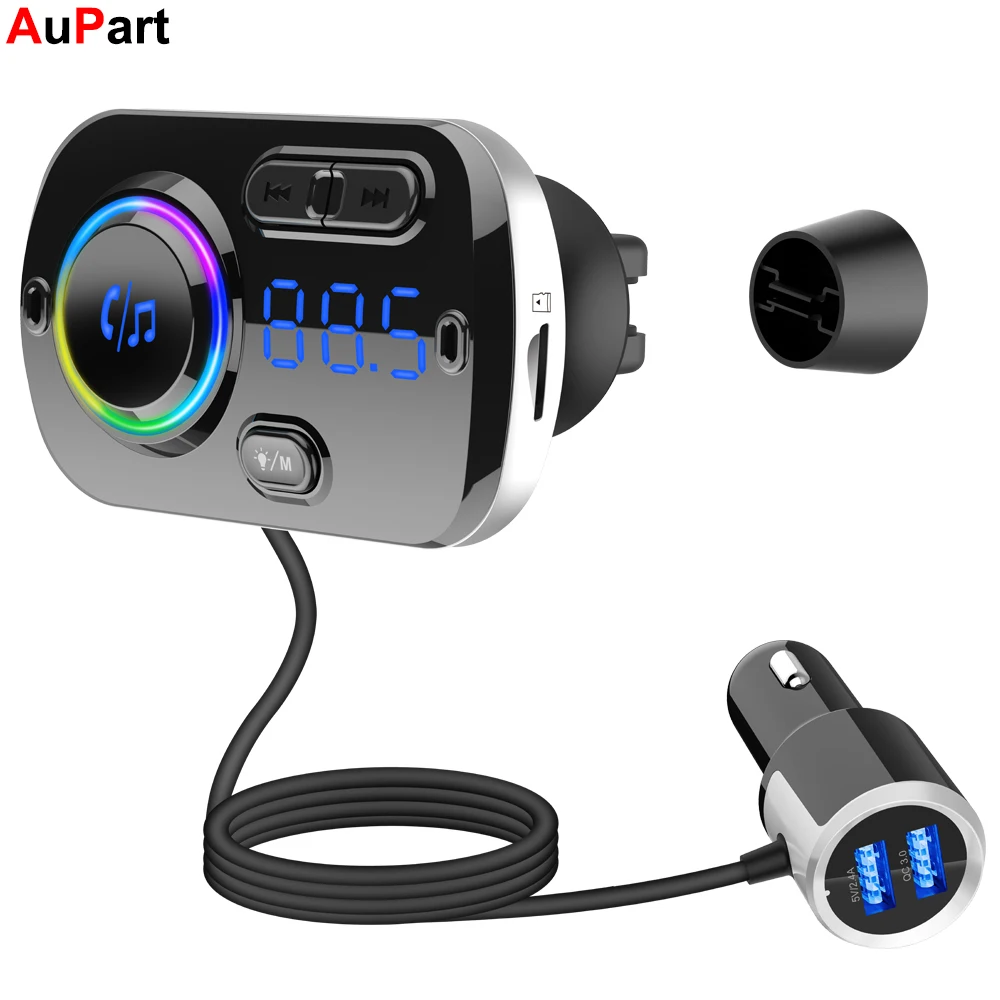 

FM Transmitter Bluetooth V5.0 Auto Wireless Radio Car Charger Adapter MP3 with QC3.0 Charge Support USB TF Card Ambient Light