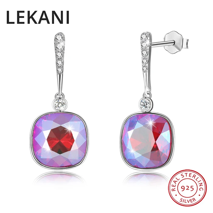 Модные квадратные висячие серьги LEKANI с кристаллами Swarovski, женские свадебные подарки, настоящее Серебро S925 пробы, повседневные аксессуары, хорошее ювелирное изделие - Цвет камня: Rose