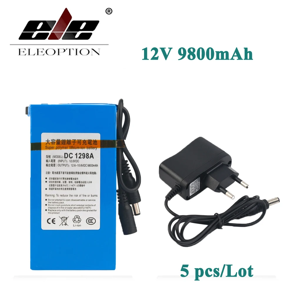 

ELEOPTION 5x DC1298A DC 12V 9800MAH Li-ion High Capacity Super Powerful Rechargeable Battery For Camera With Plug