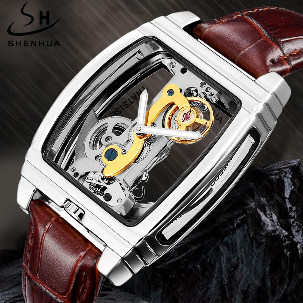 

Luxury SHENHUA Transparent Troubillon Dial Watch Genuine Leather Watch Men Automatic Mechanical Wristwatch Relogio Masculino