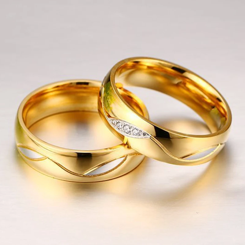 DOYUBO New Arrival Gold Color Lovers' Rings For Wedding European Design 316L Stainless Steel Trendy Couples Rings Jewelry DF007