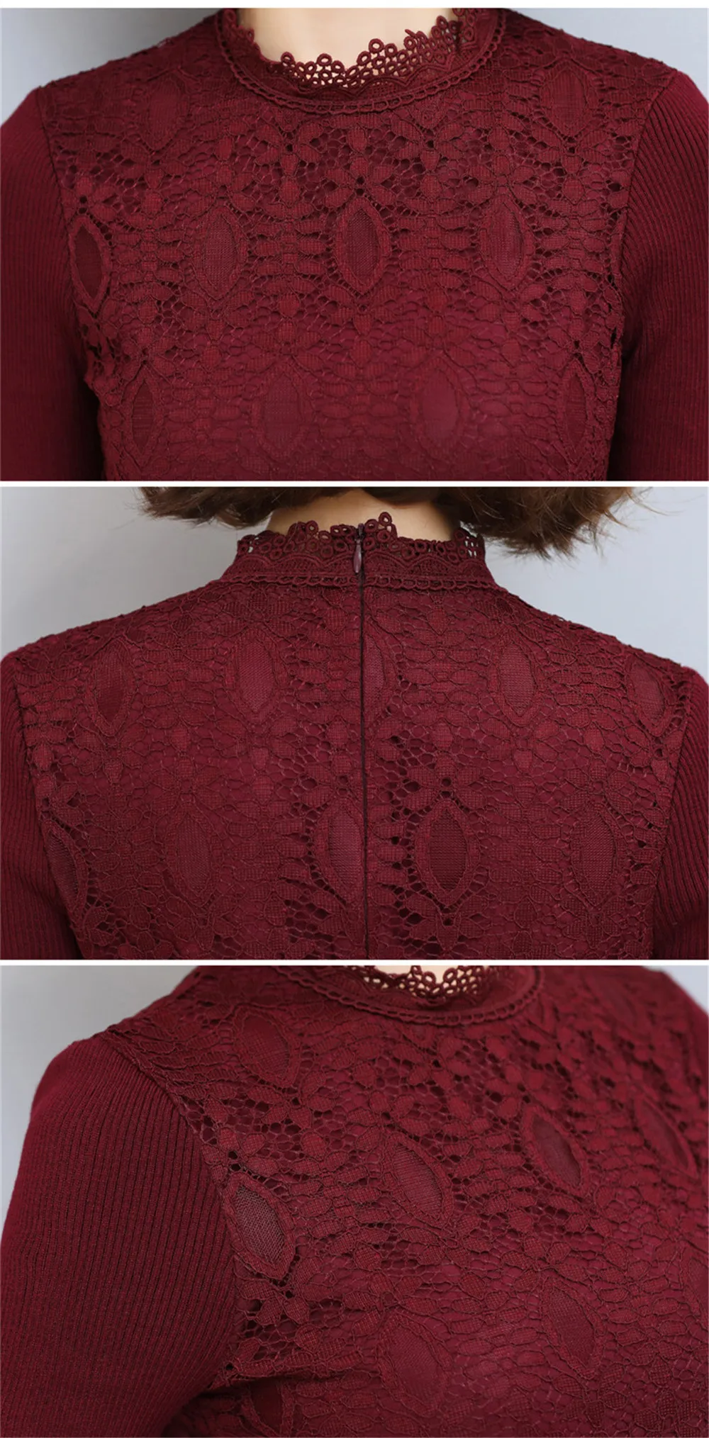 Autumn-Winter Thicken Women Lace Dress 2017 All Match Sweater Sleeve Wine Lace Dress vestido Plus Size 3XL bodycon Work Dress  (9)
