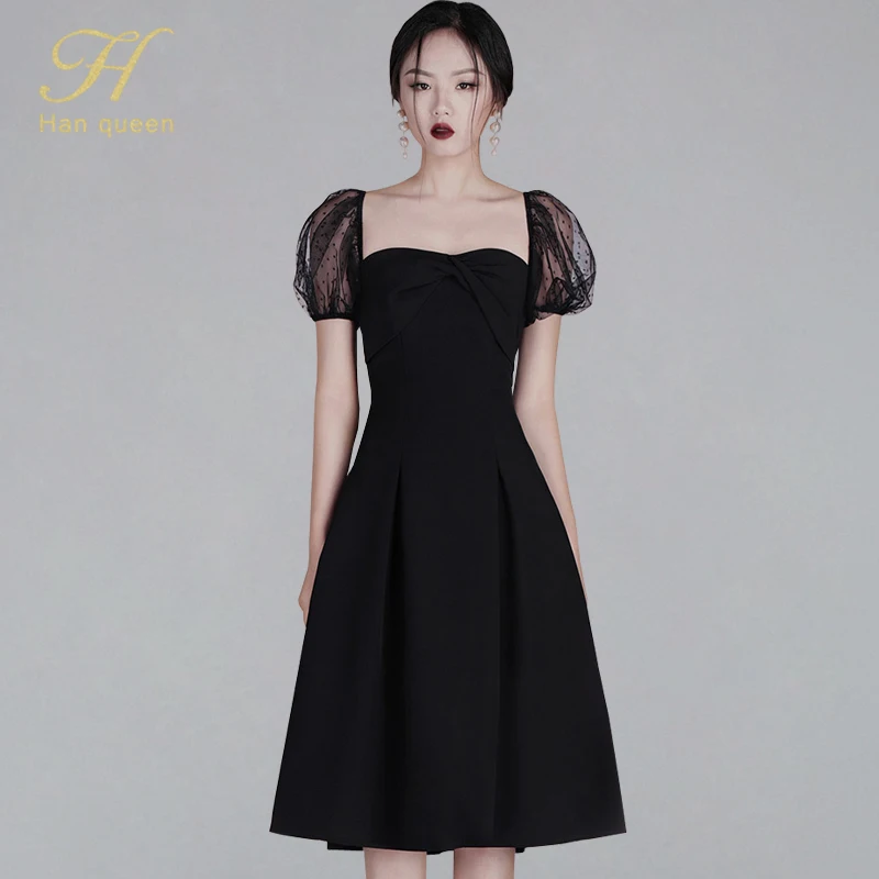 

H Han Queen Mesh Patchwork A-line Dress Women 2019 Summer Square Collar Ruched Draped Ball Gown Dresses Special Occasion Vestido