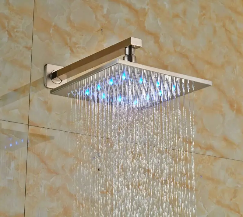

Luxury Bathroom 8-in Shower Head+Shower Arm LED Light Square Head Wall Mounted