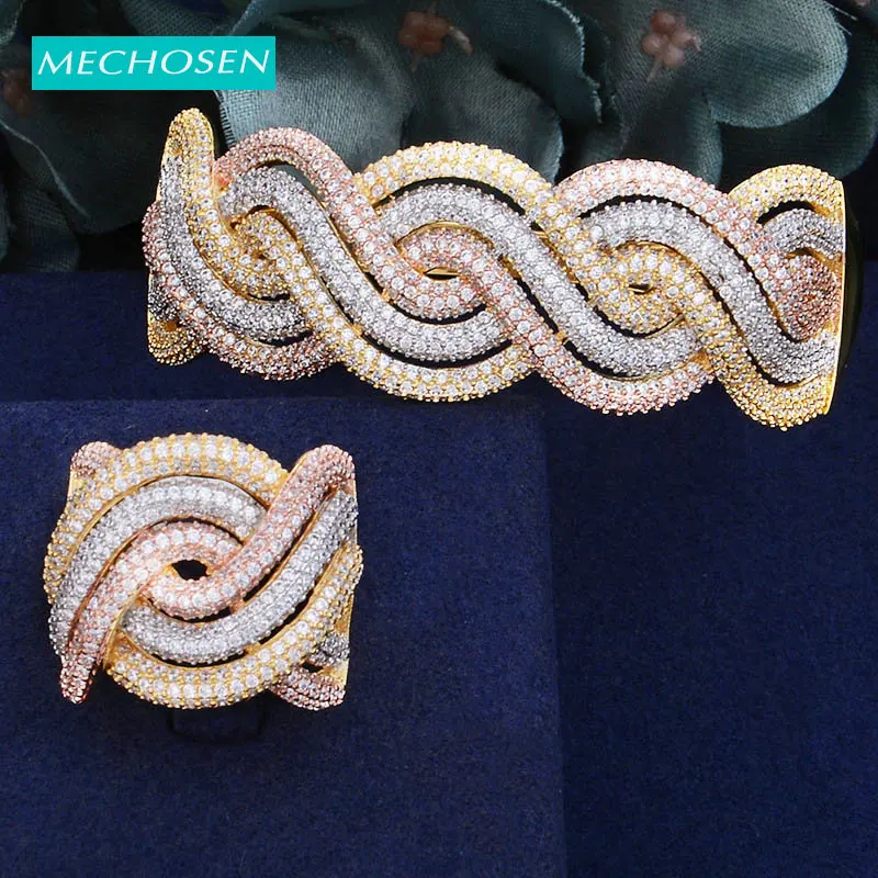 

MECHOSEN Luxury 3 Color Dubai Wide Ring Wedding Bangle Set For Banquet Party African Bride Engagement Hand Accessories Gift 2019