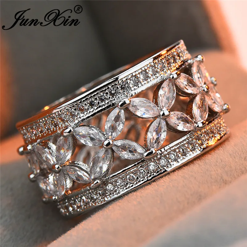 JUNXIN OL Female Crystal Butterfly Flower Big Rings For Women 925 Silver Filled White Zircon Horse Eye Stone Engagement Ring CZ