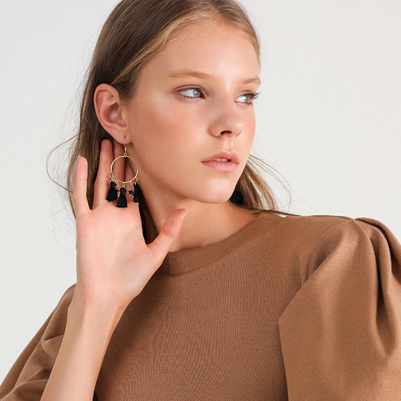 

WKOUD EAM Jewelry / 2019 New Fashion Temperament Black Fringe Star Pendant Earrings Women's Accessories S#R100408