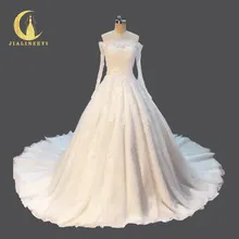 Rhine Real Sample Boat Neck Long SLeeves Lace Appliques Long Train Bridal Wedding Gown wedding dresses 2018
