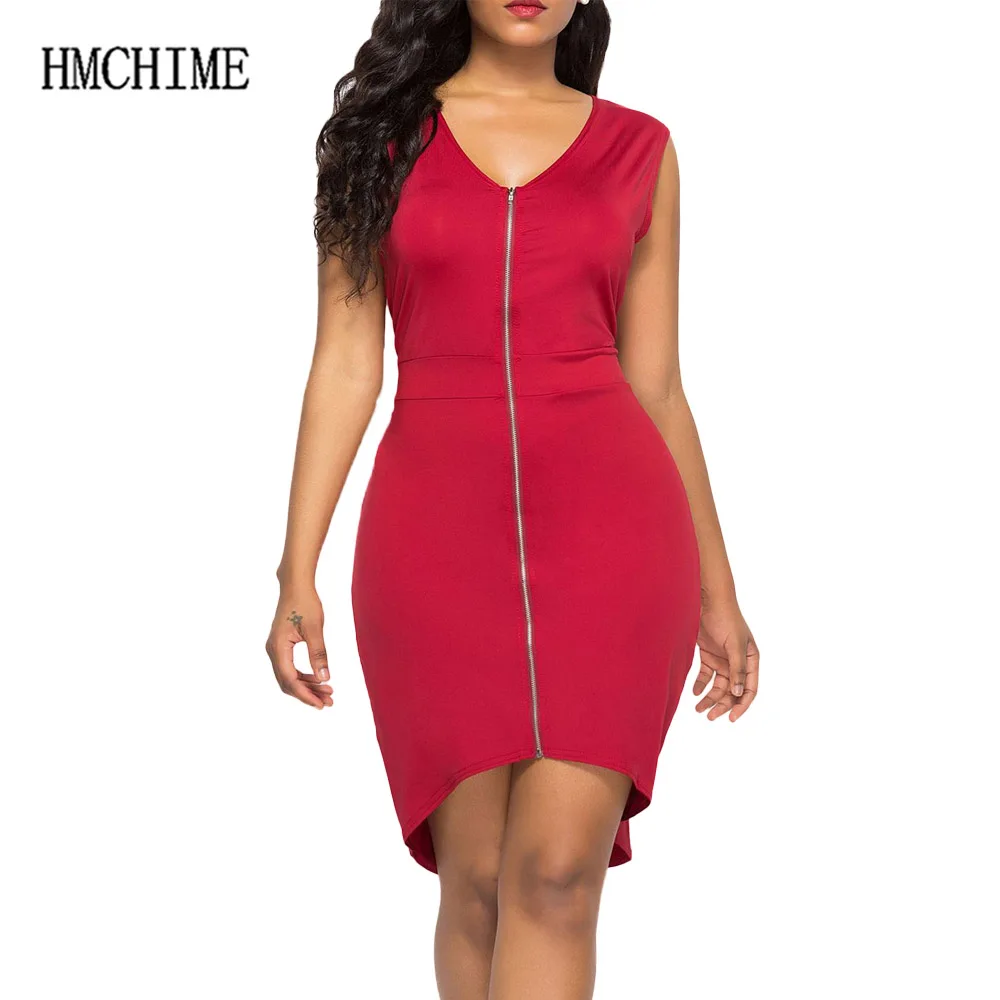Sexy Club Elastic Waist Women Dress Zipper Front V Neck Sleeveless