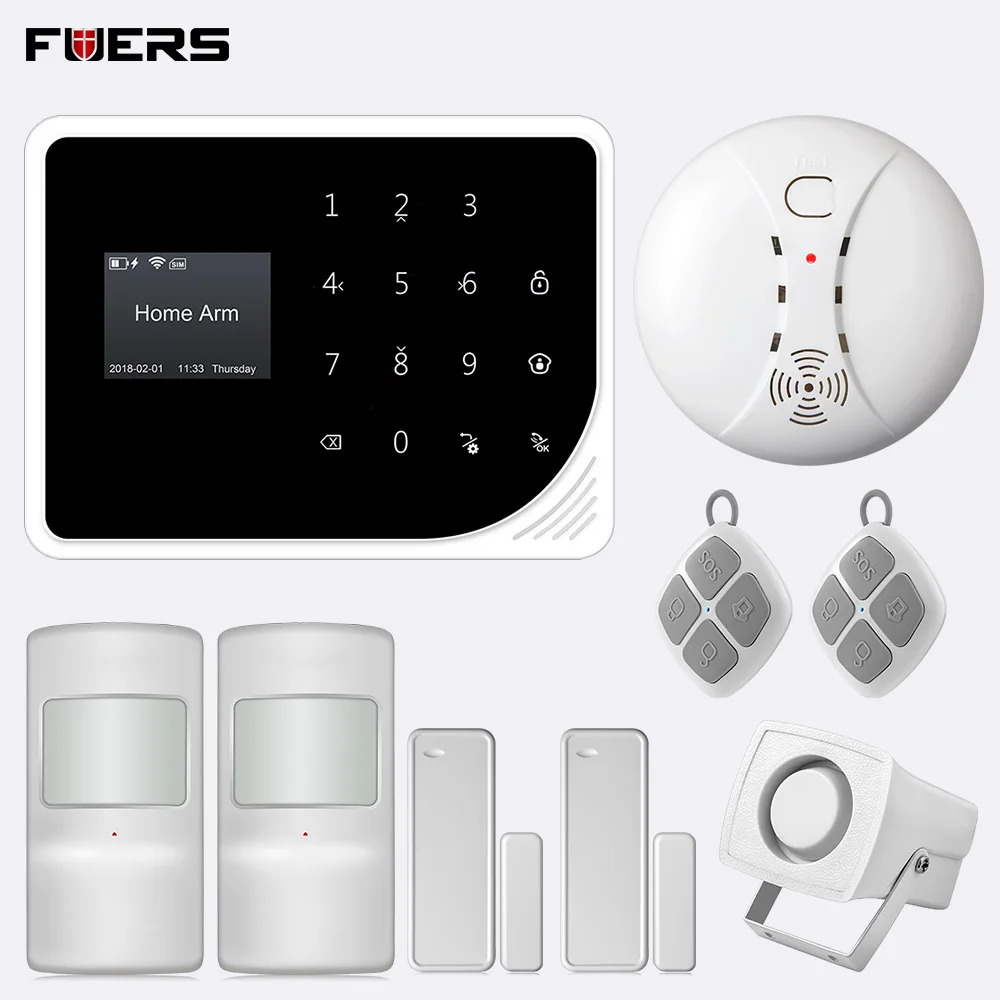 

Fuers 2019 New WiFi Wireless S5 GSM Alarm System Security Home Alarm Smoke Detector PIR Motion Sensor Screen Display App Control