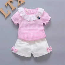 BibiCola/летний комплект одежды для маленьких девочек, кружевная клетчатая футболка+ шорты, комплект из 2 предметов, Повседневный хлопковый костюм, комплект одежды для маленьких девочек