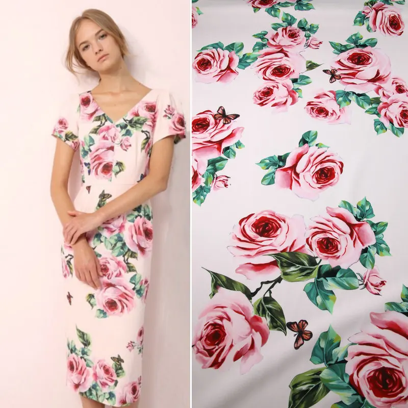 

Summer cloth stretch cady fabric,pink rose printed polyester fabric tissus,women dress DIY clothing patchwork,thick soft tissu