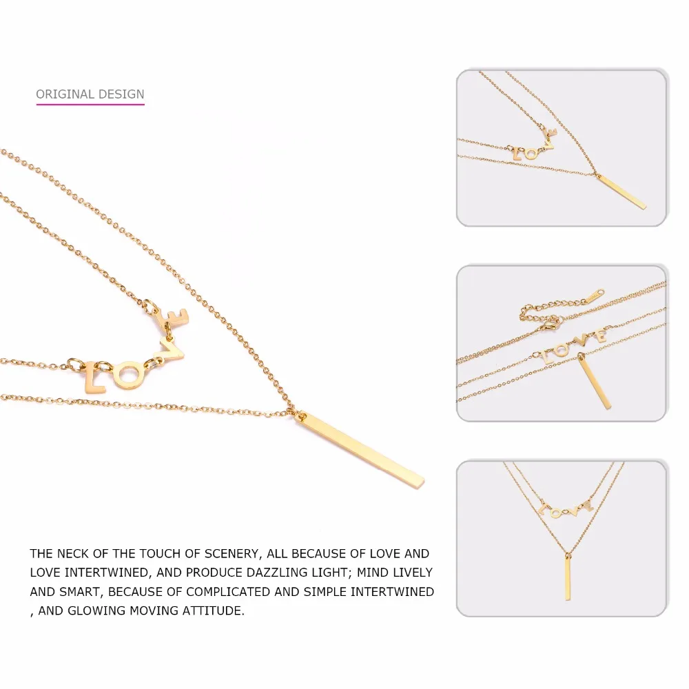 eManco Layered Necklace Rose Gold Color Stainless Chain With Letterring Geometric Pendants Short Statement Necklace For Women