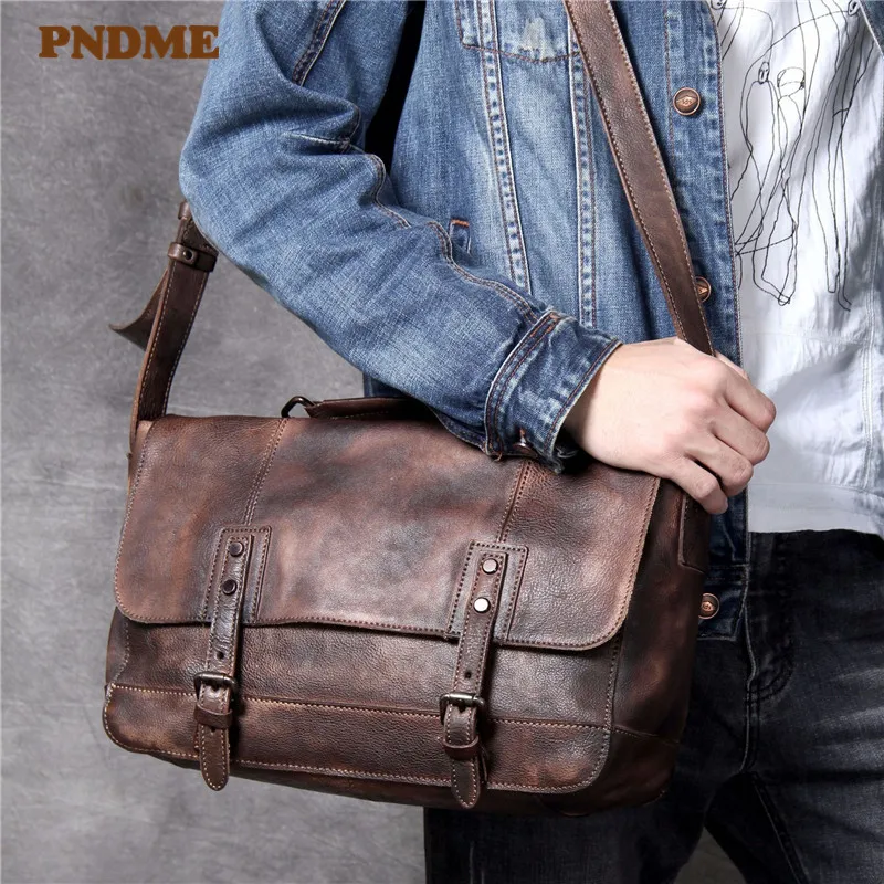

PNDME luxury simple genuine leather men's shoulder bag casual vintage large capacity soft first layer cowhide messenger bag