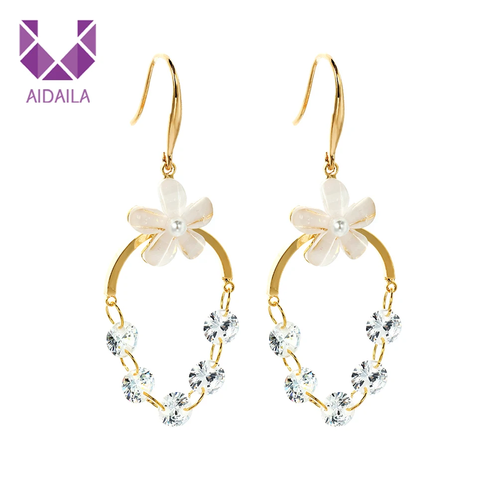 Women Dangle Drop Earrings with Circle Round AAA+ Cubic Zirconia Zircon Resin Flower and Pearl Earring Office Ladies | Украшения и