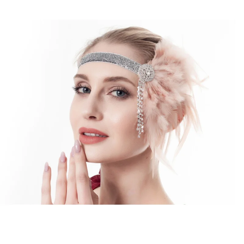 

1920s Gatsby Flapper Feather Headband 20s Accessories Crystal Beaded Wedding Headpiece
