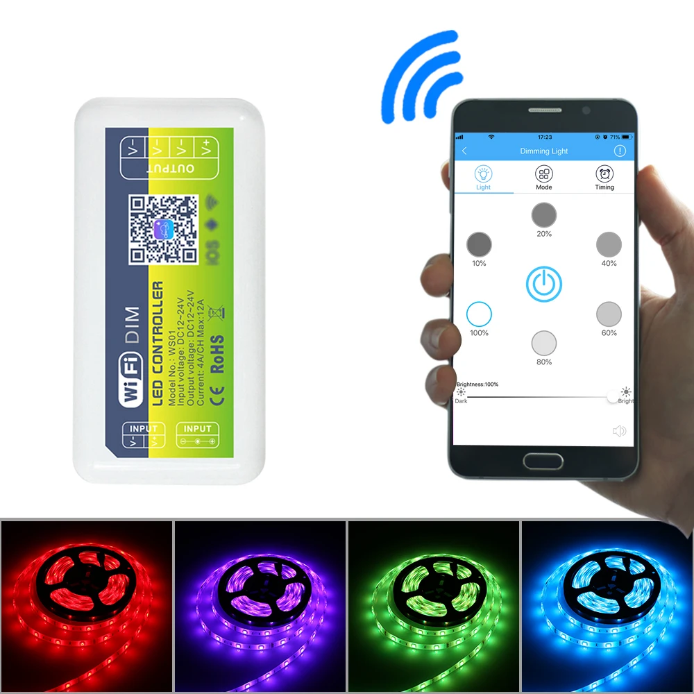 Для полосы света коробка освещения DC12-24V мини WI-FI один Цвет светоизлучающий регулятор диодов Android/IOS Системы приложение Управление