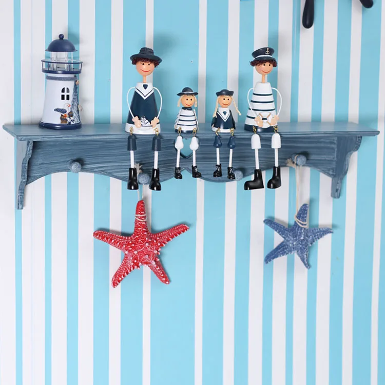 

Mediterranean Sea Style Wooden Wall Rack Storage Shelf with 4 Hook Storage Rack Blue Wall Decorative Hanger & Home Decor