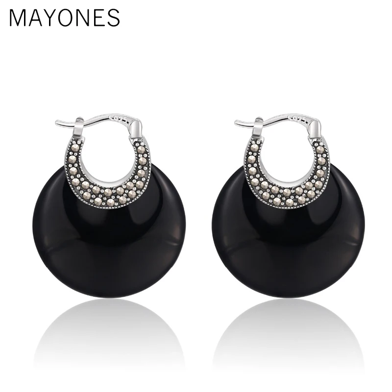 

MAYONES Bohemia Natural Agate/White Chalcedony Earrings with Zircon Real 925 Sterling Silver Earring for Women Jewelry