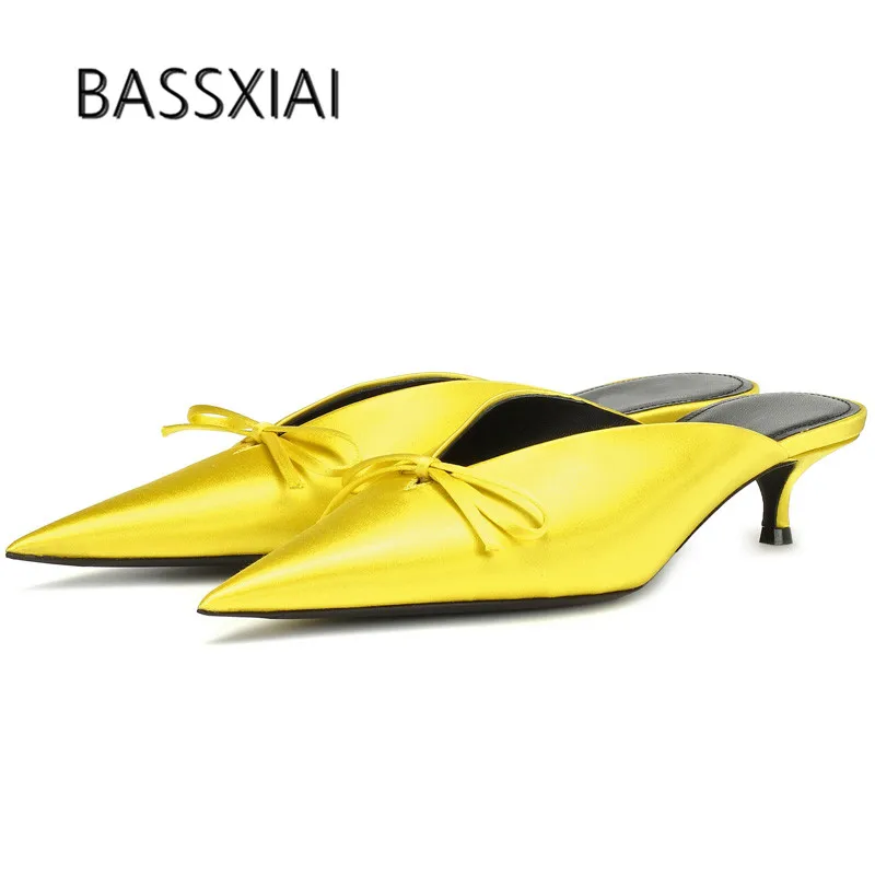 

2019 Luxury Yellow Satin Slippers Women Pointed Toe Bow Knot Strange Heel Shoes Woman Sexy Mule Shoes
