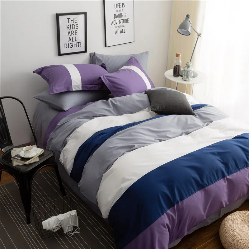 

Bedding Set Simple Wide Stripe Purple Blue White Sheet Pillowcase And Duvet Cover Sets 100% Cotton Bedlinen Queen King Size Soft