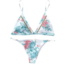 Womens Sexy Two Piece Bikini Set Spaghetti Straps Stripes Deep V-Neck Bra Boho Colored Floral Printed Swimsuit High Cut Triangle spaghetti straps string high cut two piece swimsuit