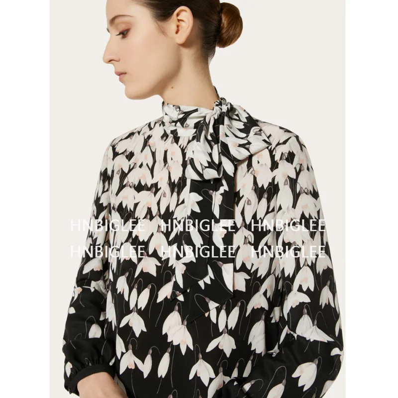 

CCCC 2019 Summer New Floral Silk Dress Long Sleeve Autumn Elegant Ladies Dresses Runway Design Black Office Loose Vintage Jurken