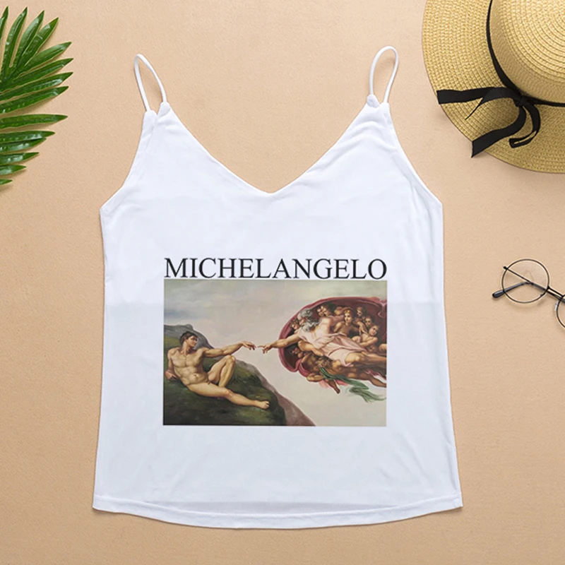 Летние футболки женские спагетти топы с открытыми плечами для женщин микеланжело шаблон печати Футболка femme Эстетическая одежда