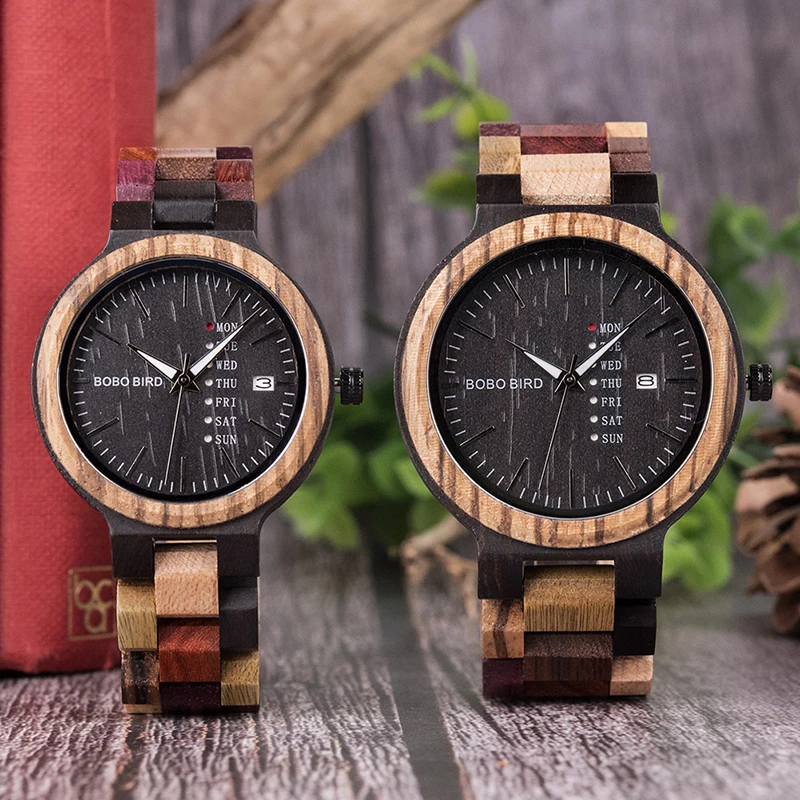 BOBO BIRD P14 Antique Mens Wood Watches Date and Week Display Business Watch with Unique Mixed Color Wooden Band