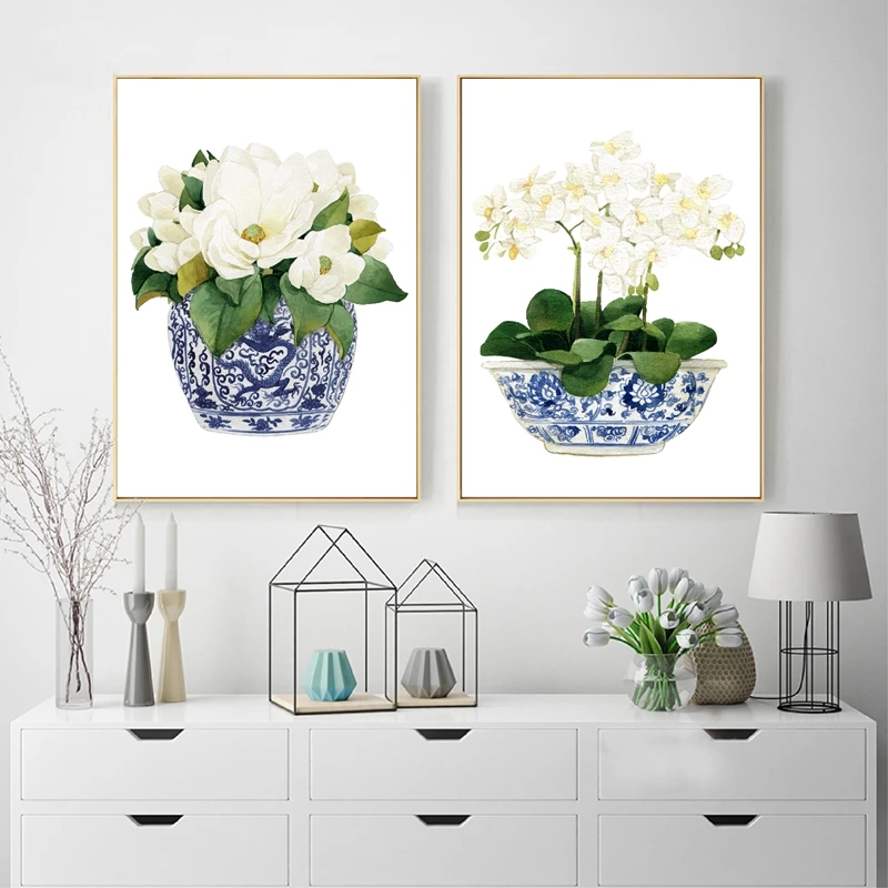 

White Orchid & Magnolia Watercolor Chinoiserie Decor Canvas Print Oriental Vase Blue White Willow Style Porcelain Flower Jar