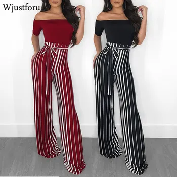 

Wjustforu Slash Neck Wide Leg Jumpsuit Elegant Casual Women Bandage Striped Jumpsuit Off Shoulder Fashion Sexy Jumpsuit Female