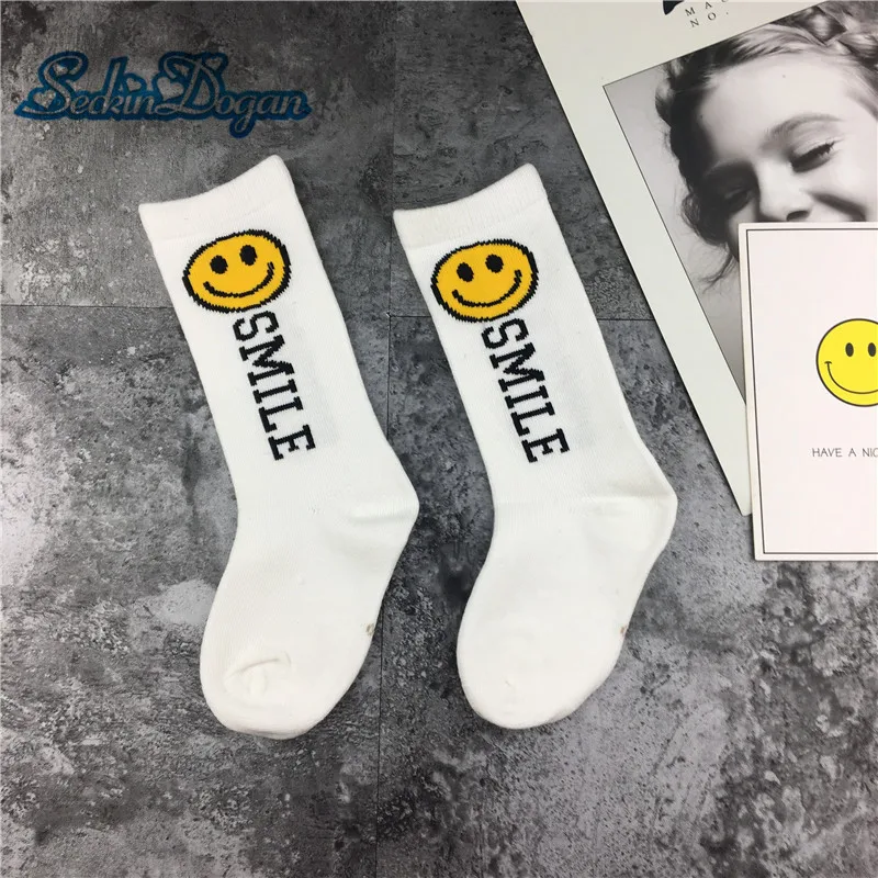 

SeckinDogan Cotton Kids Socks Cartoon Smiley Face Baby Boy Girl Socks Casual Solid Colour Breathable White Black Children Socks