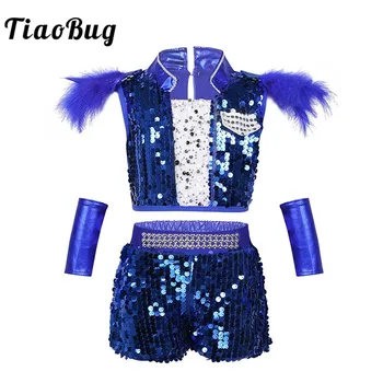 

TiaoBug Unisex Kids Teens Hip-hop Jazz Dance Costumes Set Boys Girls Shiny Sequins Crop Top with Shorts Stage Street Dancing Set