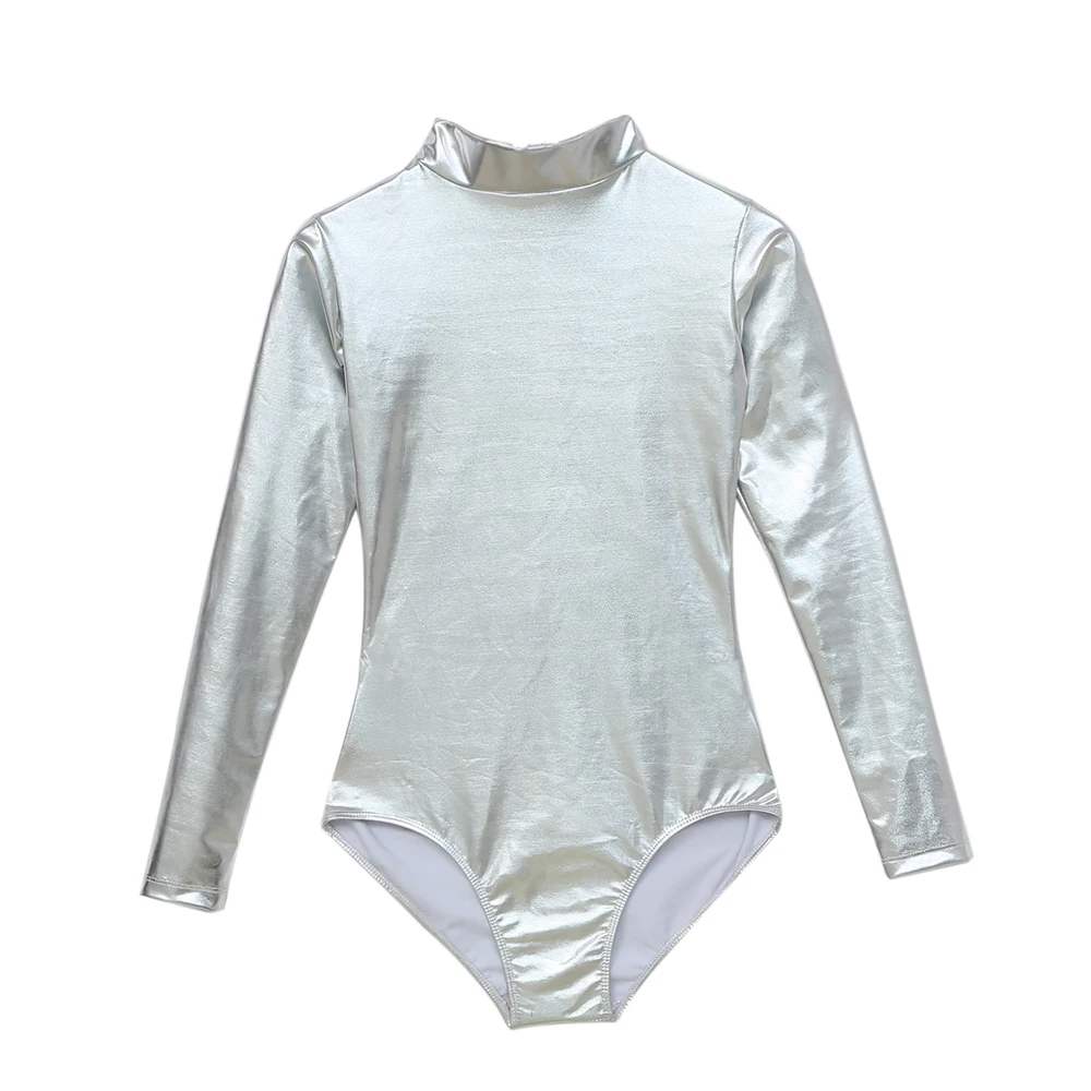 Dance Leotard Silver Turtleneck Shiny Metallic Gymnastics Ballet