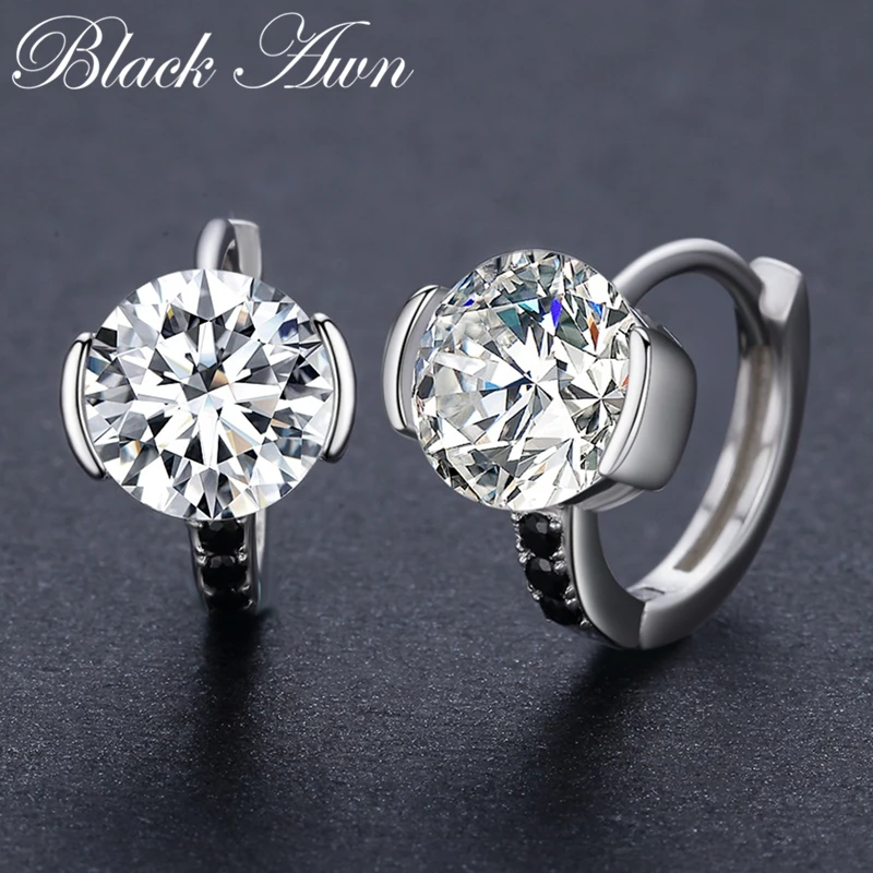 

[BLACK AWN] Genuine 925 Sterling Silver Jewelry Hoop Earrings for Women Trendy Femme Boucles d'oreilles T201